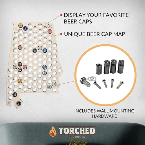 Vista 2 de Torched Tapa de cerveza Mapa Alabama, Estados Unidos tapa de cerveza titular decoración de pared, regalo para amantes de la cerveza para hombres