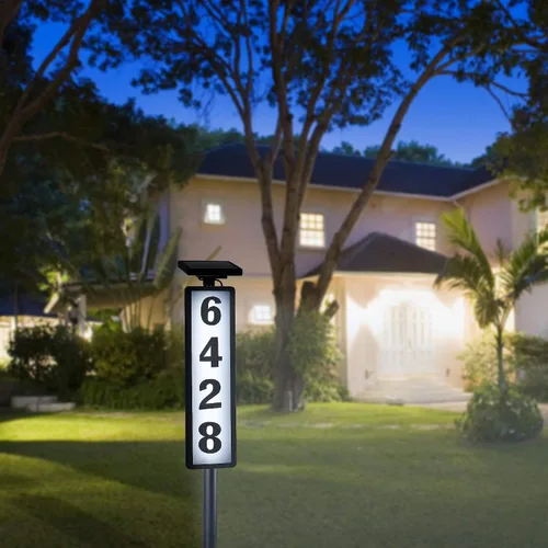 Vista 6 de FORUP Letrero de números de dirección de casa con luz solar, luz solar con números de casa, placa de dirección iluminada por LED para exteriores