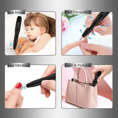 Vista 6 de Juego de taladro de uñas portátil Herramientas de forma de pulido para uñas de gel acrílico con brocas de uñas, bandas de lijado y cepillo (negro)