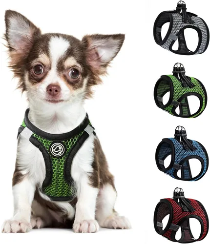 Vista 9 de Arnés suave para perro pequeño, extra pequeño, arnés de malla para cachorros, arnés ajustable reflectante sin tirones para perros pequeños y gatos