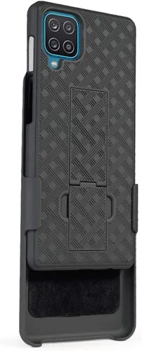 Vista 3 de Para Samsung Galaxy A12, con carcasa combinada de vidrio templado y funda delgada con soporte incorporado + clip giratorio para cinturón para Galaxy