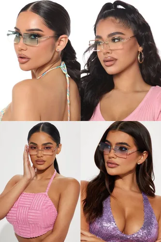 Vista 4 de SORVINO Lentes de sol rectangulares sin montura para mujeres y hombres, a la moda, color rosa transparente, lentes tintados azules sin marco