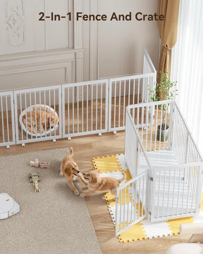 Vista 3 de SLSY Corralito transformable 6 en 1 para perros con 2 tablas base de madera, valla de metal resistente de 30 pulgadas con puerta, corral