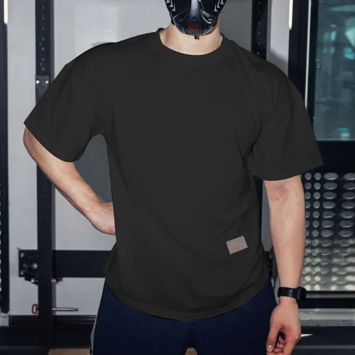 Vista 4 de Camiseta de entrenamiento de gimnasio para hombre, camisas musculares de secado rápido, ajuste holgado, camiseta atlética de manga corta para correr