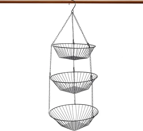 Vista 9 de JUNCHU CHERRY Cesta colgante de frutas de 3 niveles, 2 paquetes, almacenamiento para colgar en la pared, cesta de organización de cocina y baño