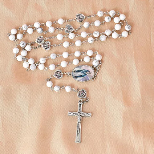 Vista 7 de Nazareth Store Cuentas de piedra natural con corazón de epoxi milagroso, cuentas de metal, collar de rosario, regalos cristianos de piedras preciosas