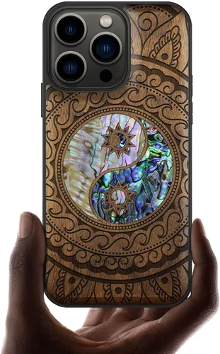 Vista 7 de Carveit Funda protectora de madera de diseñador para iPhone 13 Pro, grabado de madera e incrustaciones de concha, compatible con 13 Pro MagSafe