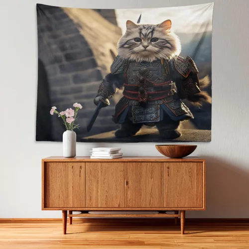 Vista 3 de Batmerry Cat In Armor Polyester Tapestry, Cat Armor Sword Warrior Battle Shield Lightweight Wall Hanging High-Definition Print Backdrop For Dorm