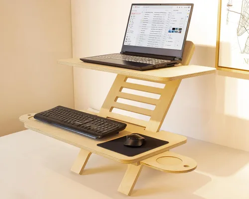Vista 6 de Soporte ajustable para computadora portátil de madera, convertidor de escritorio de pie, soporte de escritorio de estación de trabajo, mesa