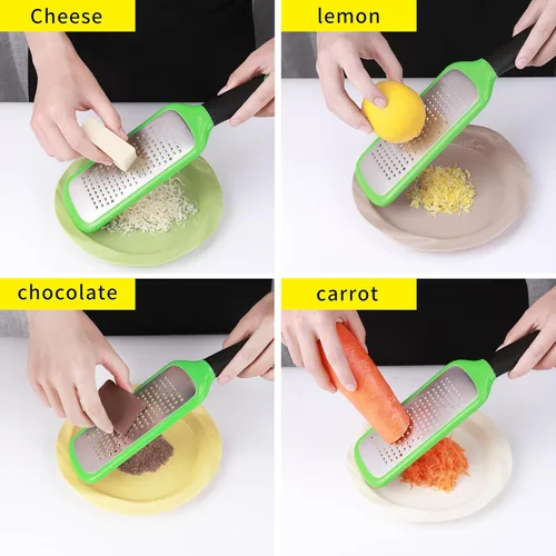 Vista 7 de Rallador de queso de mano, pelador de cítricos de limón de acero inoxidable, rebanador plano de mano para queso, limón, chocolate y especias/agujero