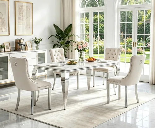 Vista 21 de Juego de 5 mesas de comedor de mármol sintético para 4 mesas de cocina de lujo de 68 pulgadas de oro blanco con 4 sillas tapizadas de terciopelo