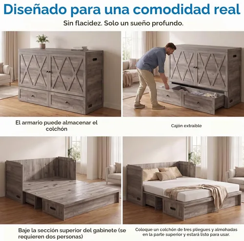 Vista 3 de Mjkone Murphy - Cama con colchón de tres pliegues, cama Queen oculta con estación de carga USB integrada y 2 cajones de almacenamiento, camas Gris