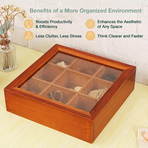 Vista 6 de Mini caja de almacenamiento de madera de 9 ranuras con estuche de acrílico transparente coleccionables, caja organizadora cuadrada de madera