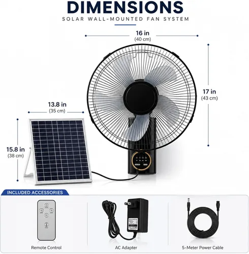 Vista 2 de 16" Solar Barn Fan for Chicken Coop and Greenhouse 90°Oscillating Fans with Remote Control, 5 Blades 3 Speeds, Adjustable Tilt, 16ft Extension Cable