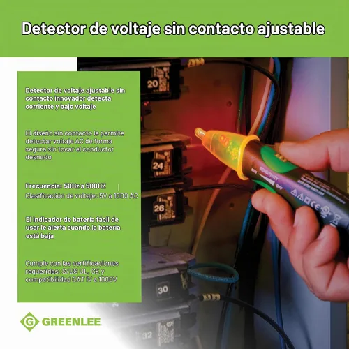 Vista 3 de Greenlee GT-16 Detector de voltaje sin contacto ajustable, 5V - 1000V CA, verde, verdes