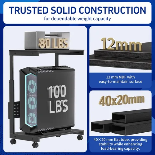 Vista 5 de Soporte de torre para computadora, soporte de torre para PC con ruedas, doble nivel y soporte de CPU ajustable de 5 niveles (23.2-33.5 pulgadas)