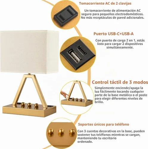 Vista 3 de Briever - Lámpara de mesa con control táctil, lámpara de escritorio regulable de 3 vías con USB C y USB A y tomacorriente AC, lámpara de noche