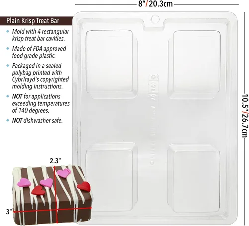 Vista 2 de CybrTrayd Molde para dulces de chocolate – Barra rectangular lisa Krisp Treat – 4 cavidades 3" x 2-5/16" x 1-1/8" – Para dulces, galletas