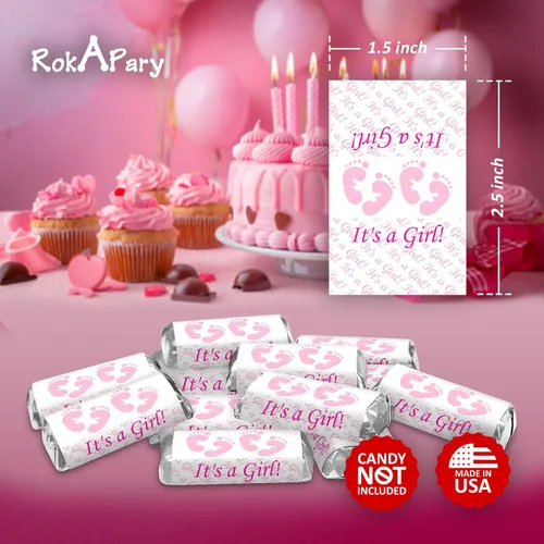 Vista 2 de Envoltura de barra de caramelo en miniatura de 60 huellas rosas para baby shower, decoración "It's a Girl", calcomanías, fabricado en Estados Unidos