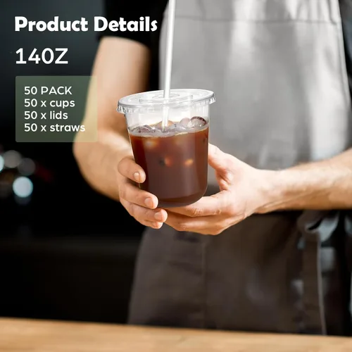 Vista 2 de 50 juegos de vasos de plástico transparente con tapas y pajitas, 14 onzas para bebidas frías, material PET, tazas de café helado desechables