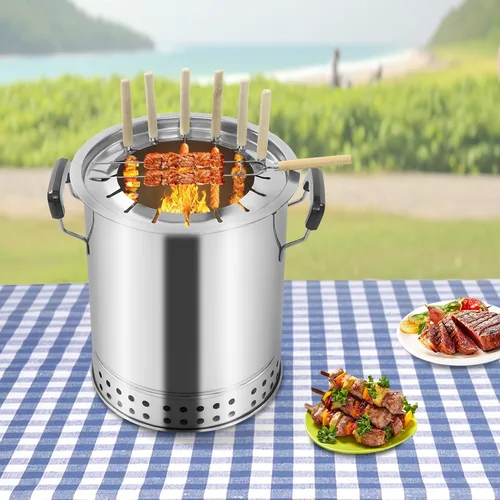 Vista 3 de Parrillas de carbón portátiles grandes, parrilla vertical para ahumar, barril de malla con brochetas de Kabob, asador de barbacoa de acero