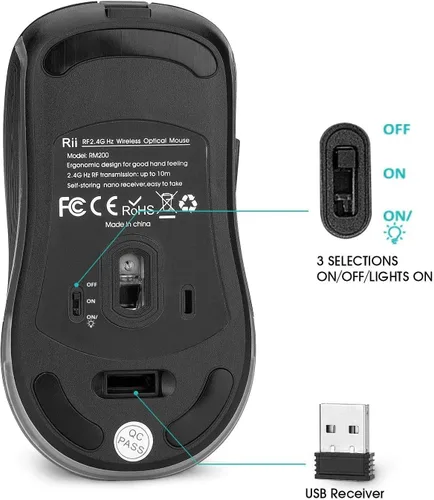 Vista 5 de Rii Ratón inalámbrico LED, ratón óptico ergonómico de 2.4 G con receptor USB, mouse portátil recargable para PC, Mac, tableta, Chromebook, portátil