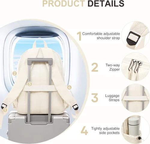 Vista 4 de Mochila escolar para adolescentes, niños y niñas, bonita mochila de pana clásica casual para escuela secundaria, mochila universitaria ligera