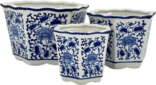 Vista 11 de Galt International Maceta decorativa de cerámica de porcelana floral azul y blanca de 8 pulgadas, 6 pulgadas/4.5 pulgadas, diseño chino asiático