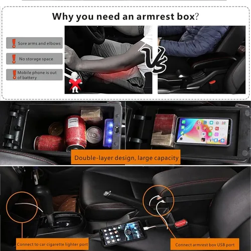 Vista 3 de Ajuste personalizado para caja de reposabrazos de automóvil Honda Fit Jazz 2009-2013, consola central de almacenamiento de accesorios de doble capa