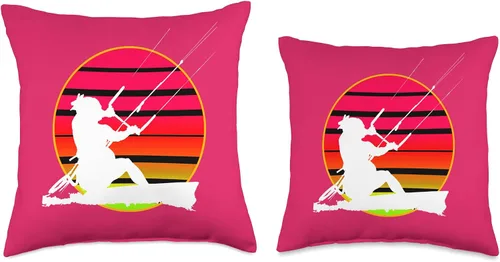 Vista 3 de Kitesurf Gifts and Surf Lover Tees by taiche Retro Style Kitesurfer Riding A Wave White Silhouette Throw Pillow, 16x16, Multicolor