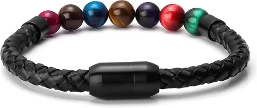 Vista 2 de Pulsera de cuentas de cuero genuino con cierre magnético de 8.5 pulgadas