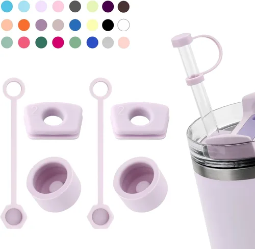 Vista 16 de Juego de tapones antiderrame de silicona compatible con taza Stanley Cup 2.0 de 30oz y 40oz con cubierta para pajita (Juego de 2, Rosa Almendra)