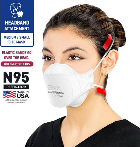Vista 2 de BNX Máscara N95 certificada por NIOSH fabricada en Estados Unidos, máscara facial protectora con respirador de partículas, triple taza/estilo pez