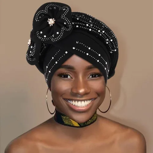 Vista 3 de Woeoe Gorro para la cabeza con diamantes de imitación negros, bufanda para la cabeza con perlas de flores, turbante para mujeres y niñas, Color-1