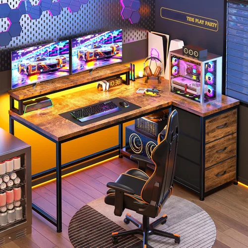 Vista 10 de EnHomee Escritorio para juegos en forma de L con luces LED y toma de corriente, escritorio de computadora de 40 pulgadas con cajones, escritorio
