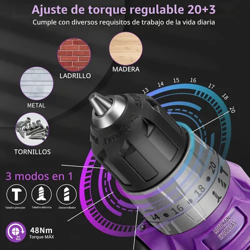 Vista 3 de Juego de taladro inalámbrico sin escobillas morado, kit de controlador de potencia compacto de 20 V con motor eléctrico, ajuste de par de 20+3, 48