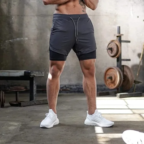 Vista 3 de BOOMLEMON Pantalones cortos de entrenamiento 2 en 1 para hombre con lazo para toalla