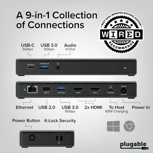 Vista 2 de Estación de acoplamiento USB-C Plugable Dual 4K 60Hz HDMI, carga de 65W, Gigabit Ethernet, 1x USB-C 5Gbps, 3X USB-A, Audio, Windows/ChromeOS