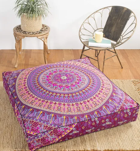 Vista 5 de Popular Handicrafts Funda de cojín de suelo – Funda de cojín de mandala de elefante hippie grande de algodón – Funda de puf redonda bohemia Azul