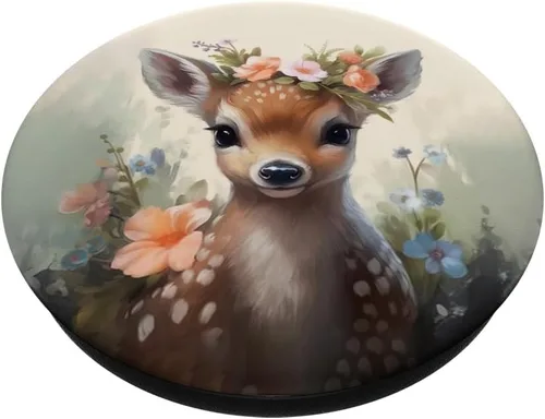 Vista 2 de Woodland Animal Baby Deer Watercolor Floral PopSockets Standard PopGrip