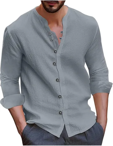 Vista 11 de Camisas de manga larga para hombre, casual, de algodón, lino, con botones, a la moda, lisas, para fiesta, otoño