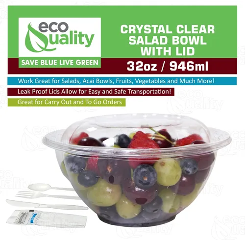 Vista 4 de Cuencos para ensalada de 32 onzas con tapas y cubiertos (300 unidades) – Recipientes de ensalada desechables de plástico transparente Para