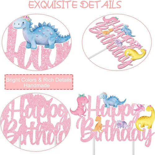 Vista 11 de Decoración de pastel de dinosaurio para fiesta de cumpleaños, decoración de fiesta de cumpleaños de dinosaurio para niñas, 1 pieza de decoración