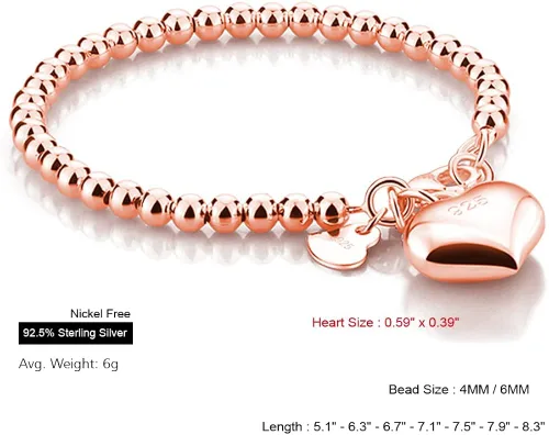 Vista 3 de Meilanduo Pulsera italiana de plata de ley 925 para mujer de 0.157 in0.236 in con dije de bolacorazón, pulsera italiana hecha a mano, tamaños de 5.1