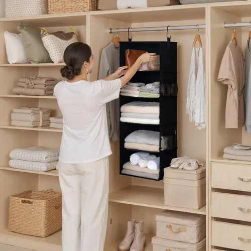Vista 2 de StorageWorks Organizadores colgantes de armario con 5 estantes, organizador de almacenamiento plegable con 2 bolsillos laterales, estantes colgantes