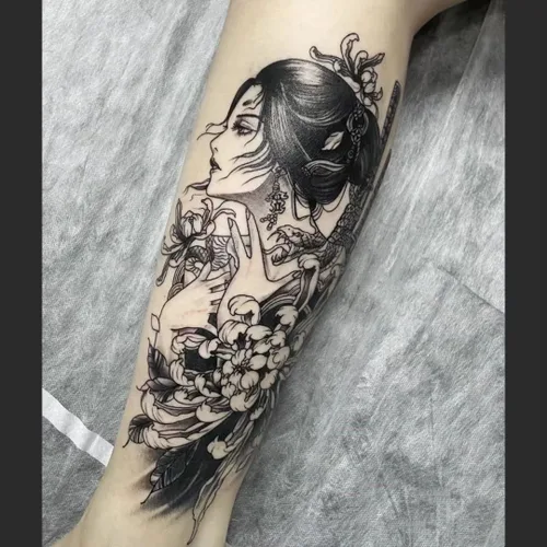 Vista 6 de 6 hojas de brazo falso impermeable cuerpo arte temporal tatuajes pegatinas negro japonés geisha samurai mujeres flor loto
