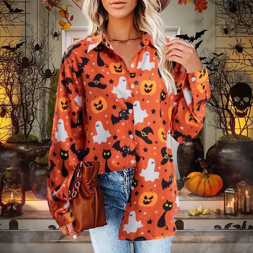Vista 3 de FLOYU Camisa de Halloween para mujer, blusa de manga larga Hocus Pocus, camiseta de calabaza de Halloween, camiseta hawaiana con botones y cuello