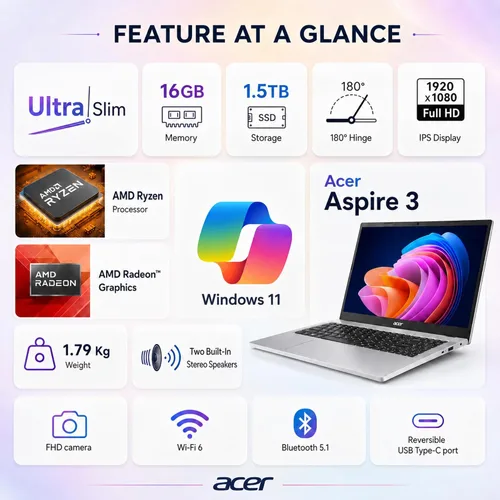 Vista 3 de Acer Aspire 3, portátil con pantalla táctil de 15.6", RAM DDR5 de 16 GB