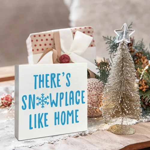 Vista 3 de Decoración de caja de madera para mesa de Navidad, con texto en inglés "There No Place Like Home", decoración de mesa navideña de invierno