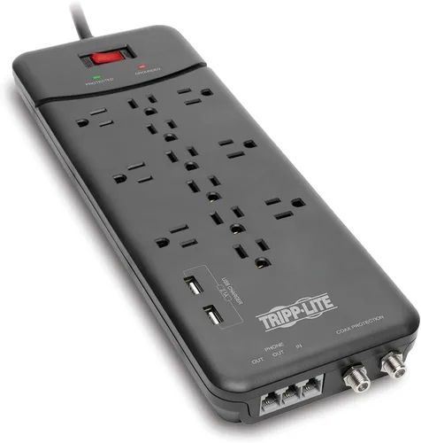 Vista 9 de Eaton Tripp Lite TLP128TTUSBB Protector de sobretensiones con puertos de carga USB, 2 puertos USB, 12 tomas de corriente, enchufe plano, cable